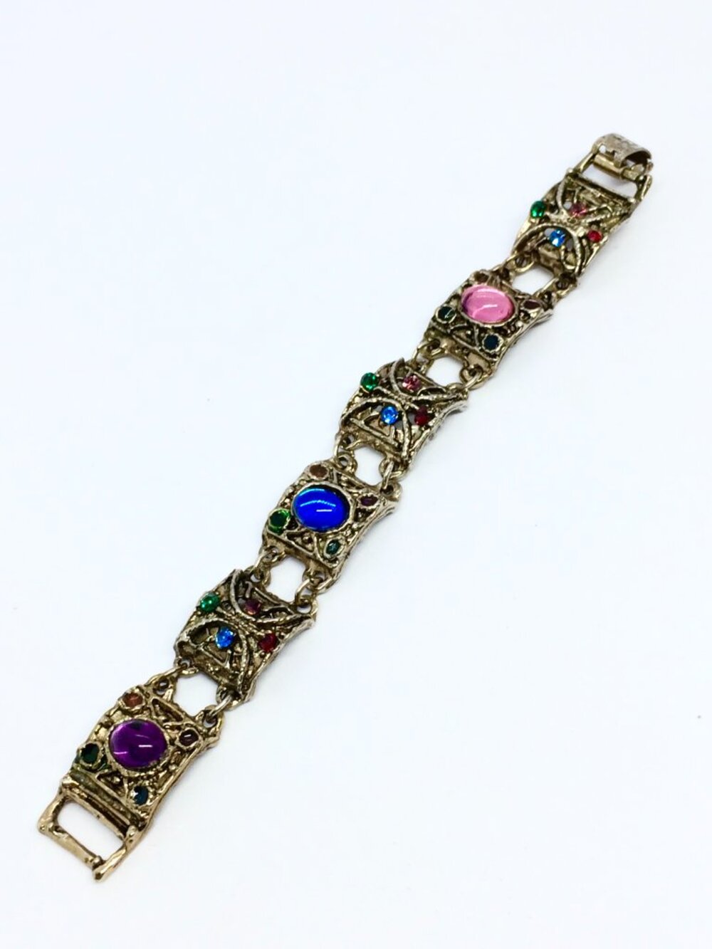 VINTAGE ORNATE PANEL Bracelet Colorful Cabochon Rhinestone Antiqued Gold Tone